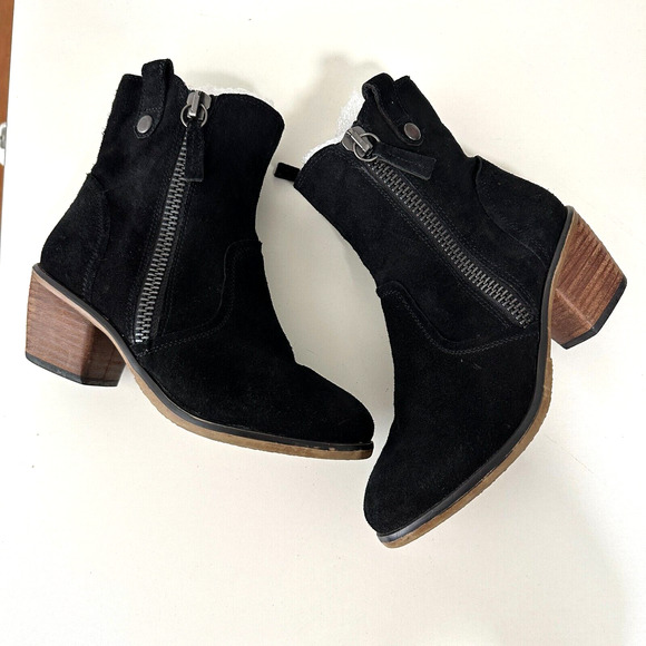 Steve Madden Windey Sexy Black Suede Leather Side Zip Wood Block Heel Boots 6.5 - Picture 1 of 12